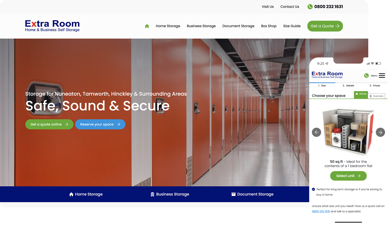 Stills of the Extra Room Self Storage website on desktop and mobile