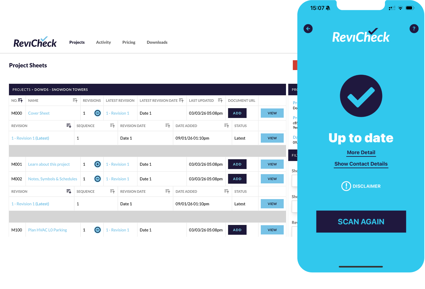 Stills of the ReviCheck portal and app